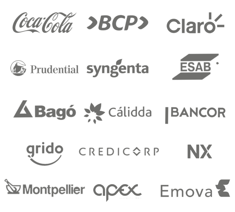 Logos de empresas con las que trabajamos. Coca Cola, BCP, Claro, Montpellier, Syngenta. Bancor, Credicorp, NX, Apex, Emova, Cálidda, Bagó, Esab, Prudential, etc.